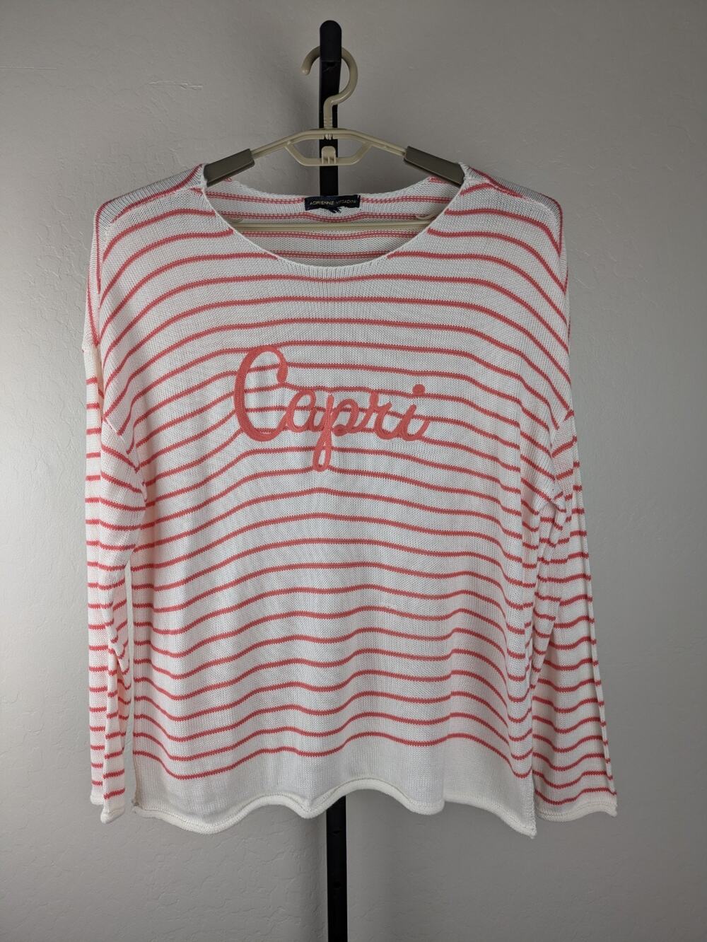 Adrienne Vittadini Capri Embroidered Sweater Coral White Stripe measures Large